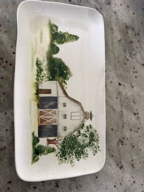 White Ceramic Serving Tray with Green Barn Illustration